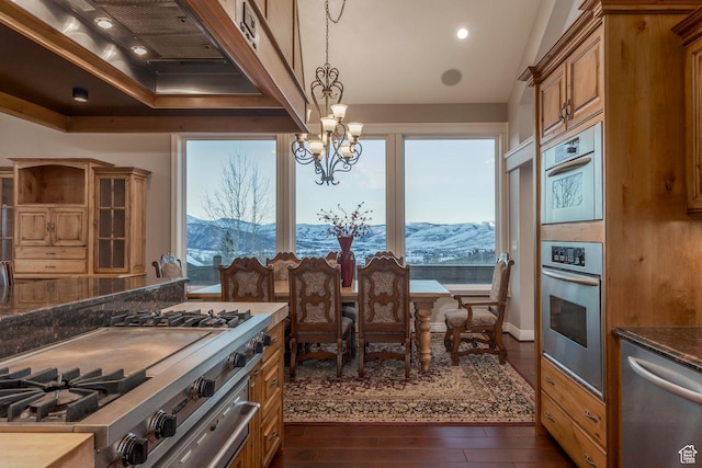 2008 N 3850 E, Eden, UT 84310 - kitchen with custom range hood, brown cabinetry, a mountain view, and dishwasher