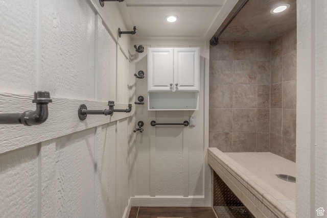 2008 N 3850 E, Eden, UT 84310 - bathroom featuring recessed lighting, baseboards, a tile shower, and wood finished floors
