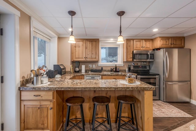 2008 N 3850 E, Eden, UT 84310 - kitchen with stainless steel appliances, a drop ceiling, a peninsula, and a kitchen bar
