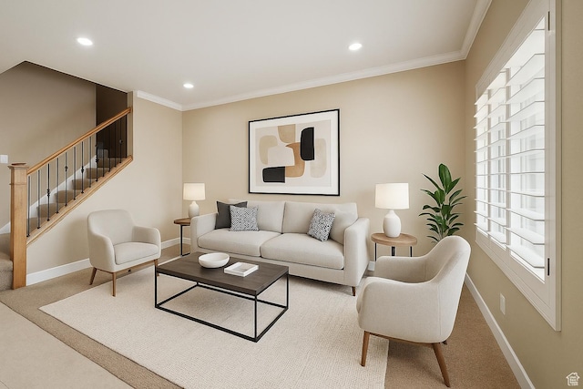 930 N 980 W, Orem, UT 84057 - living room with stairs, baseboards, healthy amount of natural light, recessed lighting, and crown molding