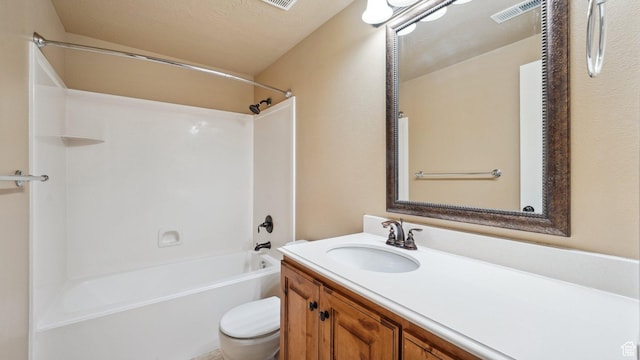 bathroom with shower / bath combination, toilet, visible vents, and vanity
