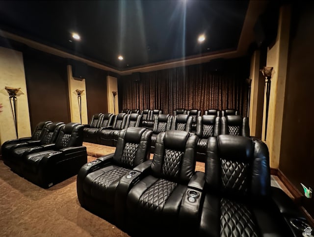 carpeted cinema room with a tray ceiling