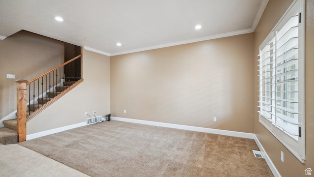 interior space featuring visible vents, crown molding, recessed lighting, and stairs