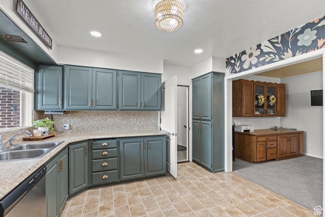 162 S 3 E, Preston, ID 83263 - kitchen with light countertops, a sink, dishwasher, a textured ceiling, and recessed lighting