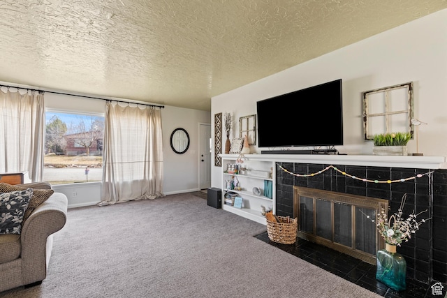 162 S 3 E, Preston, ID 83263 - carpeted living area featuring baseboards, a textured ceiling, and a tiled fireplace