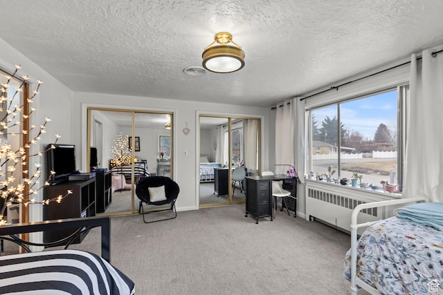 162 S 3 E, Preston, ID 83263 - bedroom featuring baseboards, two closets, radiator heating unit, and carpet flooring