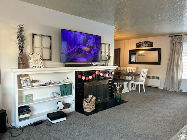 162 S 3 E, Preston, ID 83263 - living room featuring a fireplace with flush hearth, carpet flooring, a textured ceiling, and radiator heating unit
