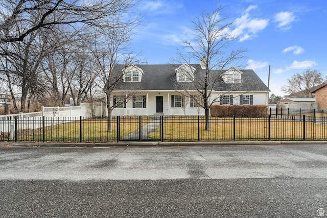 new england style home featuring a fenced front yard and a front yard