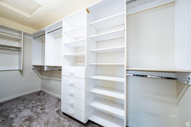 spacious closet featuring dark carpet