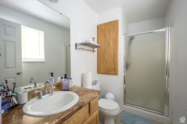 full bath featuring a stall shower, vanity, and toilet