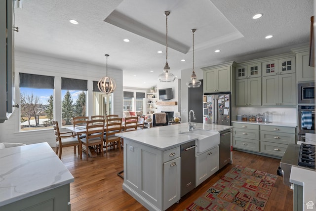 kitchen featuring stainless steel appliances, a tray ceiling, a sink, dark wood finished floors, and a textured ceiling