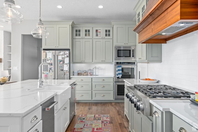 kitchen featuring stainless steel appliances, premium range hood, tasteful backsplash, pendant lighting, and dark wood finished floors