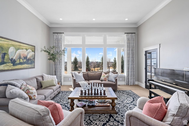 living room featuring crown molding, light colored carpet, baseboards, and recessed lighting