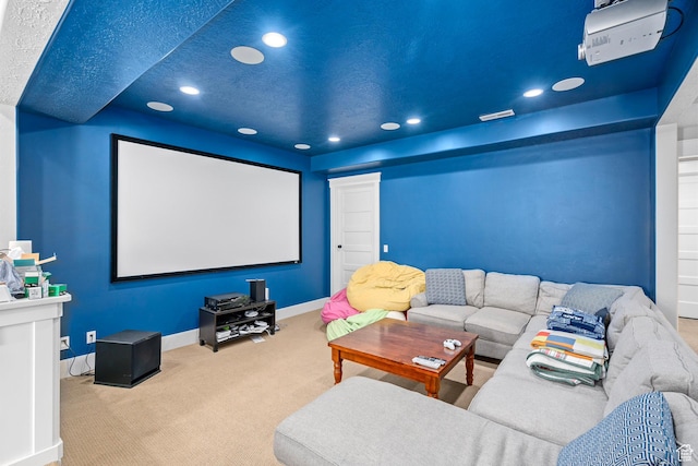 cinema with carpet, recessed lighting, and baseboards