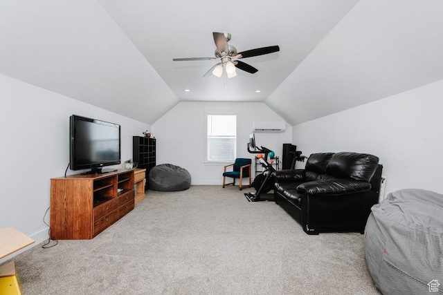 637 S 4th W, Preston, ID 83263 - living room with a wall unit AC, light carpet, lofted ceiling, a ceiling fan, and baseboards