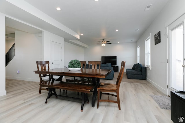 637 S 4th W, Preston, ID 83263 - dining area featuring ceiling fan, light wood-style floors, baseboards, recessed lighting, and stairs