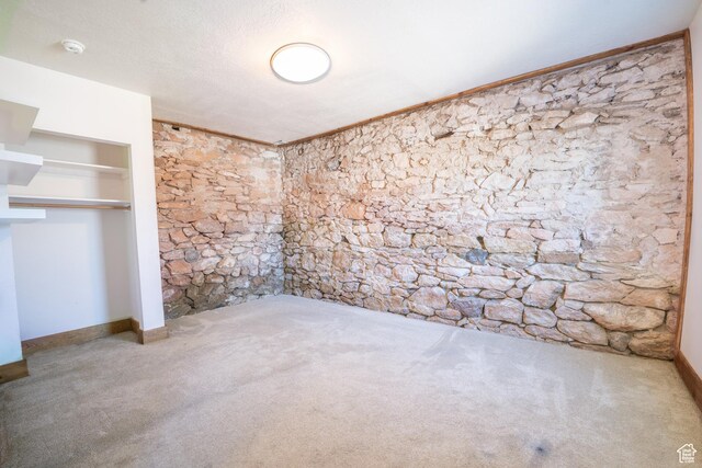 spare room featuring carpet floors, crown molding, baseboards, and a textured ceiling