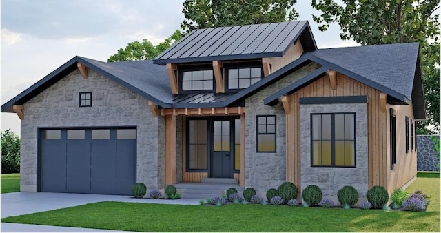 view of front facade with a front yard, a standing seam roof, metal roof, a garage, and stone siding