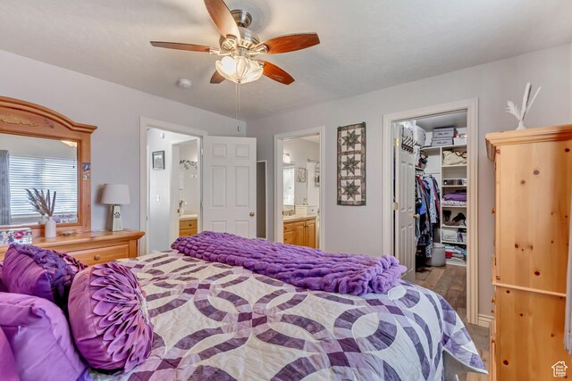 bedroom featuring ensuite bathroom, wood finished floors, a ceiling fan, a closet, and a walk in closet