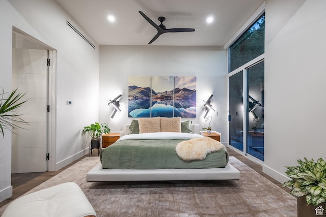3826 E Thousand Oaks Cir, Salt Lake City, UT 84124 - bedroom featuring floor to ceiling windows, recessed lighting, ceiling fan, access to outside, and baseboards