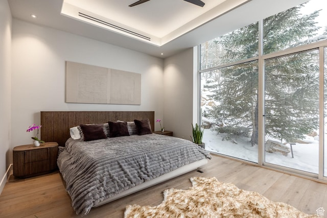 3826 E Thousand Oaks Cir, Salt Lake City, UT 84124 - bedroom featuring expansive windows, a tray ceiling, and wood finished floors
