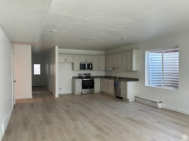 1552 N Cozy Ln Unit 05, Saratoga Springs, UT 84045 - kitchen with appliances with stainless steel finishes, a textured ceiling, a sink, light wood-style floors, and baseboards