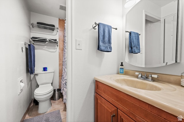 full bath with toilet, vanity, tile patterned flooring, and visible vents