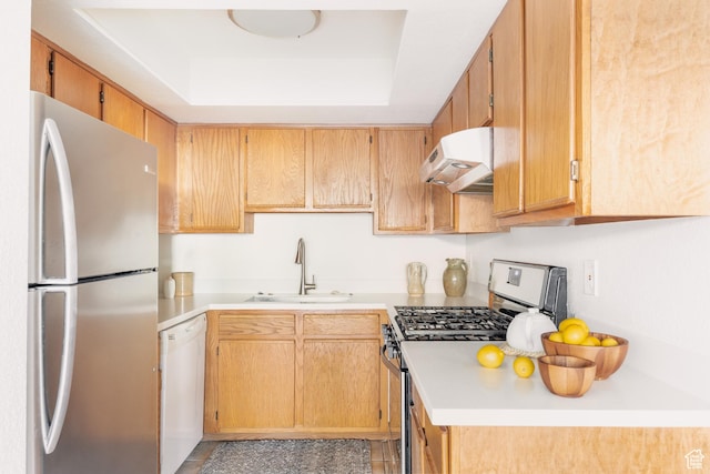 525 S 900 E Unit C1, Salt Lake City, UT 84102 - kitchen featuring under cabinet range hood, a sink, light countertops, appliances with stainless steel finishes, and a tray ceiling