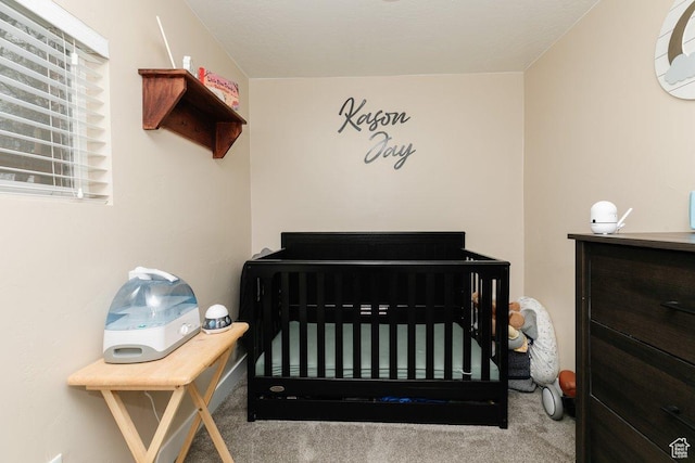 carpeted bedroom with a nursery area