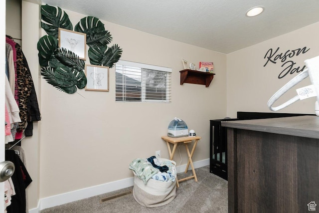carpeted bedroom with a textured ceiling, visible vents, and baseboards