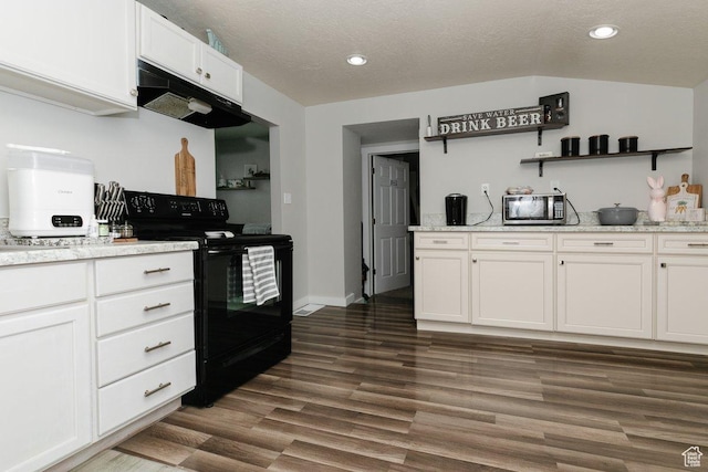 kitchen featuring black electric range, stainless steel microwave, dark wood-type flooring, white cabinets, and under cabinet range hood