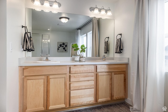 4623 N Festival Way, Eagle Mountain, UT 84005 - bathroom featuring an enclosed shower, a sink, and double vanity