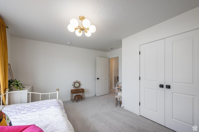 4623 N Festival Way, Eagle Mountain, UT 84005 - bedroom with baseboards, a closet, a chandelier, and light colored carpet