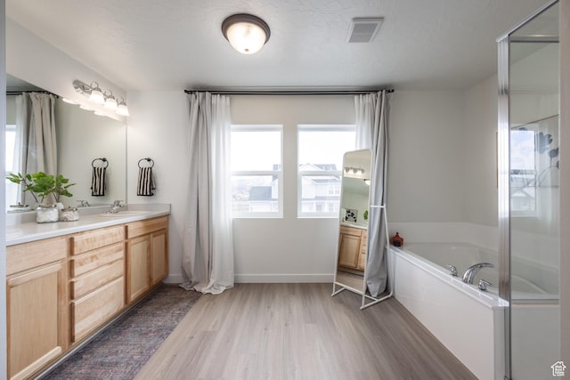 4623 N Festival Way, Eagle Mountain, UT 84005 - bathroom featuring wood finished floors, visible vents, vanity, baseboards, and a garden tub