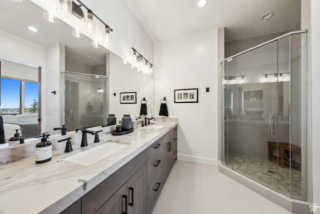 9279 E Aspen Rd, Heber City, UT 84032 - bathroom with double vanity, a stall shower, recessed lighting, and tile patterned flooring