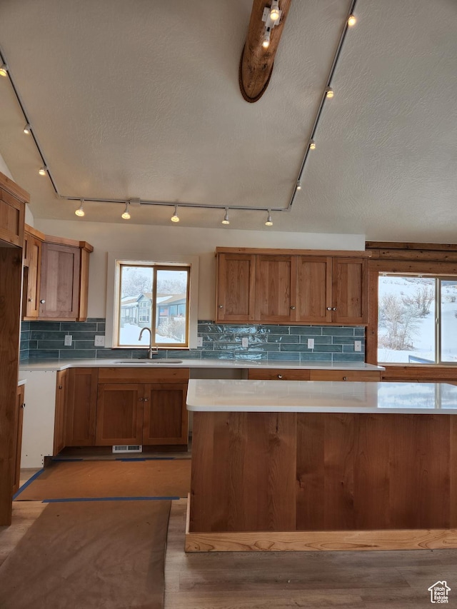 1538 N Mackinaw Way, Garden City, UT 84028 - kitchen featuring a sink, light wood-style floors, light countertops, decorative backsplash, and brown cabinetry