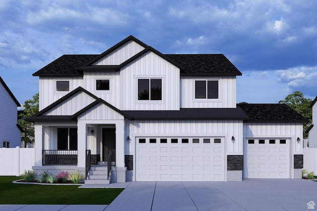 modern farmhouse style home with driveway, roof with shingles, an attached garage, board and batten siding, and a front lawn