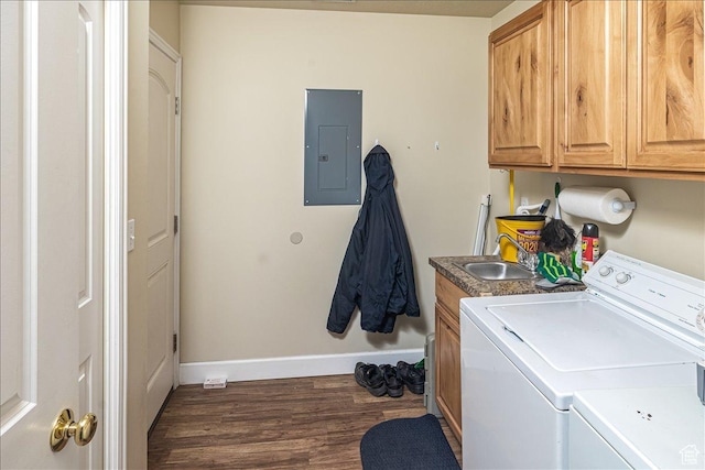 275 W 60 S, Hyde Park, UT 84318 - laundry room featuring cabinet space, electric panel, washer and clothes dryer, dark wood-type flooring, and a sink