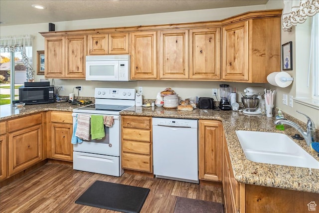 275 W 60 S, Hyde Park, UT 84318 - kitchen with dark wood-style floors, recessed lighting, a sink, light stone countertops, and white appliances