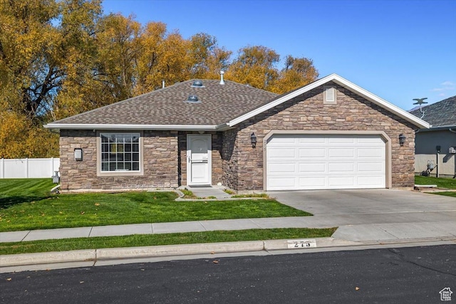 275 W 60 S, Hyde Park, UT 84318 - ranch-style house with an attached garage, a shingled roof, fence, concrete driveway, and a front lawn