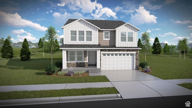 view of front of property with a garage, concrete driveway, stone siding, a front lawn, and board and batten siding