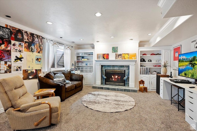 1434 Bennett Cir, Farmington, UT 84025 - carpeted living room featuring a textured ceiling, recessed lighting, a fireplace, built in features, and ornamental molding