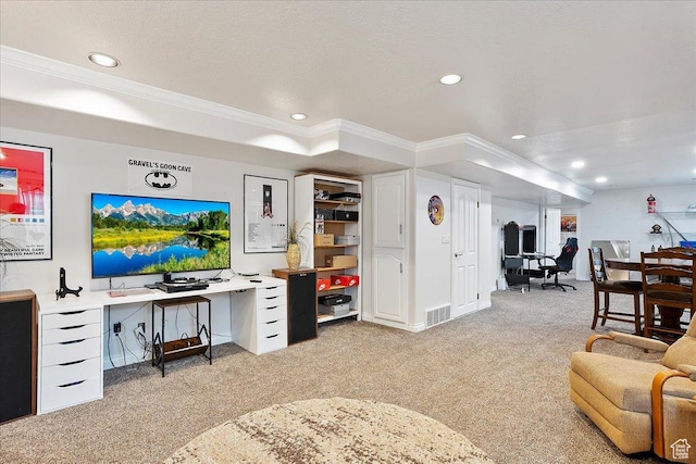 1434 Bennett Cir, Farmington, UT 84025 - carpeted living area with a textured ceiling, visible vents, crown molding, and recessed lighting