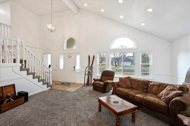 1434 Bennett Cir, Farmington, UT 84025 - living area featuring stairs, carpet flooring, high vaulted ceiling, beam ceiling, and recessed lighting