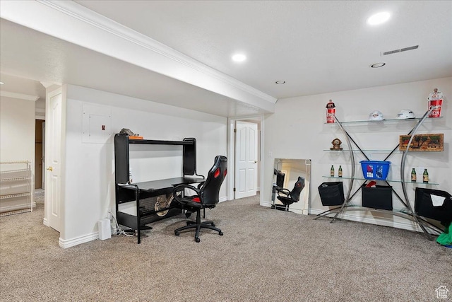 1434 Bennett Cir, Farmington, UT 84025 - office space featuring ornamental molding, carpet, visible vents, and baseboards