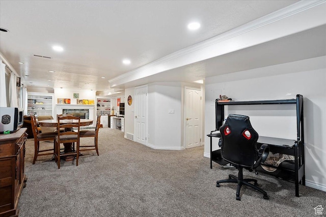 1434 Bennett Cir, Farmington, UT 84025 - carpeted office space with crown molding, a fireplace, and baseboards