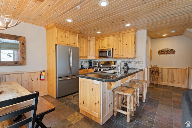 3995 N Timberwolf Ln Unit 1A, Park City, UT 84098 - kitchen featuring stainless steel appliances, wooden ceiling, a wainscoted wall, and light brown cabinetry