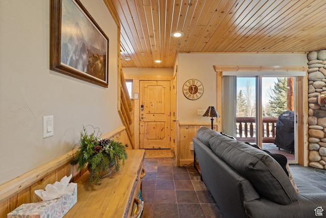 3995 N Timberwolf Ln Unit 1A, Park City, UT 84098 - living area with recessed lighting, wood ceiling, stairs, wainscoting, and stone finish flooring