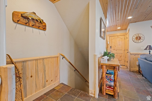 3995 N Timberwolf Ln Unit 1A, Park City, UT 84098 - hall with wooden ceiling, stone tile flooring, an upstairs landing, and recessed lighting