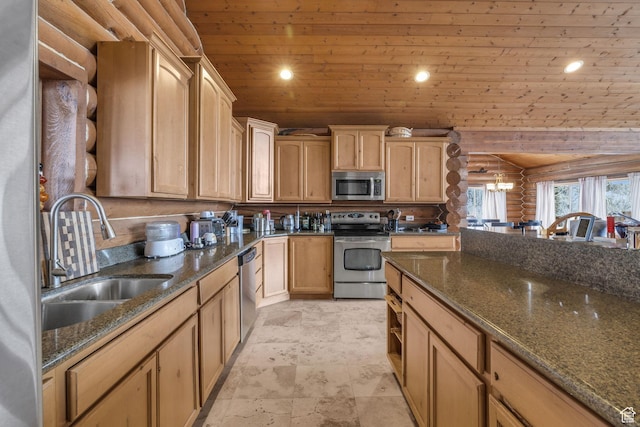 1973 W Modoc Loop, Coalville, UT 84017 - kitchen featuring a notable chandelier, recessed lighting, appliances with stainless steel finishes, wood ceiling, and a sink